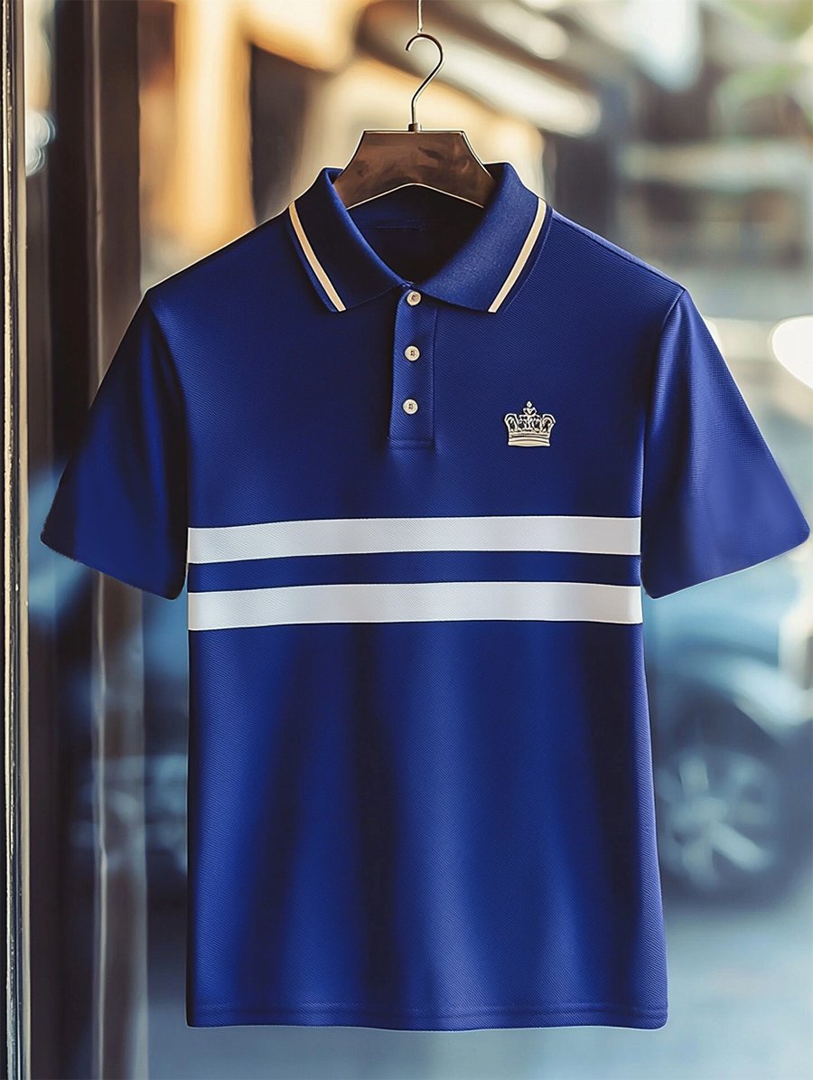 Camisa polo ejecutivo rayas Logo con botones de manga corta para hombre