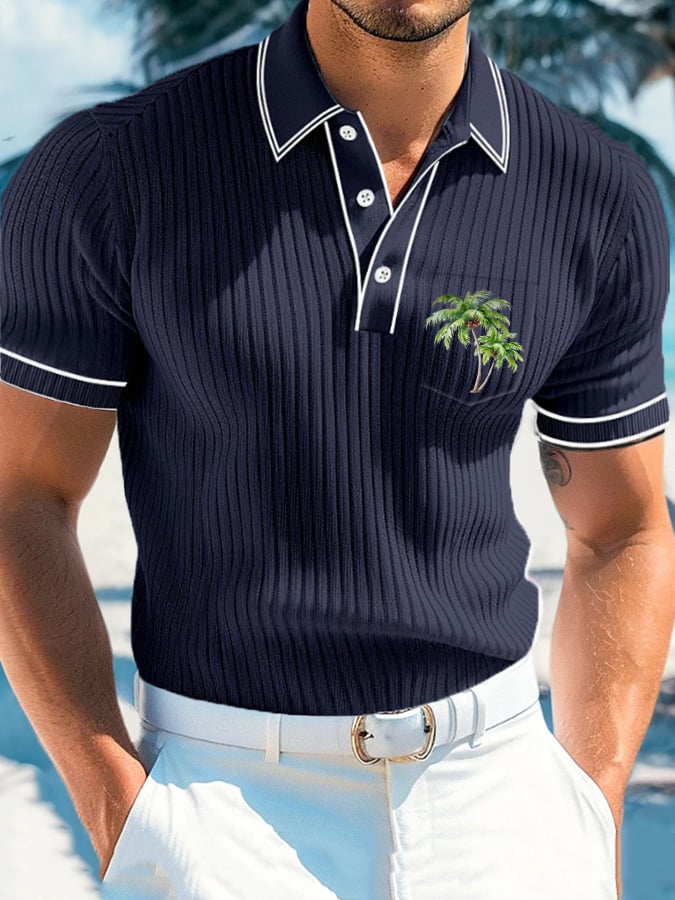 Casual Vacation Coconut Tree a rayas Polo para hombre