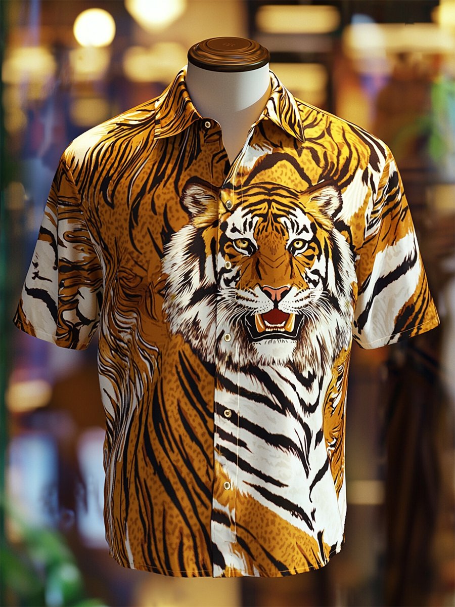 Camisa satén Luxe Tiger estampado de manga corta para hombre