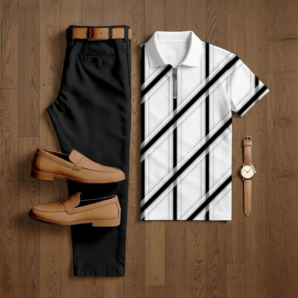 Conjunto de dos piezas casual Black & White Color Matching Checkered estampado de manga corta camisa polo & Trousers para hombre