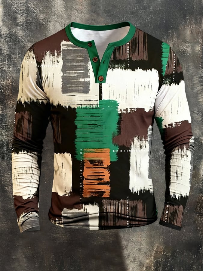 Camiseta retro Stitching Contrast Color Henley cuello de manga larga para hombre