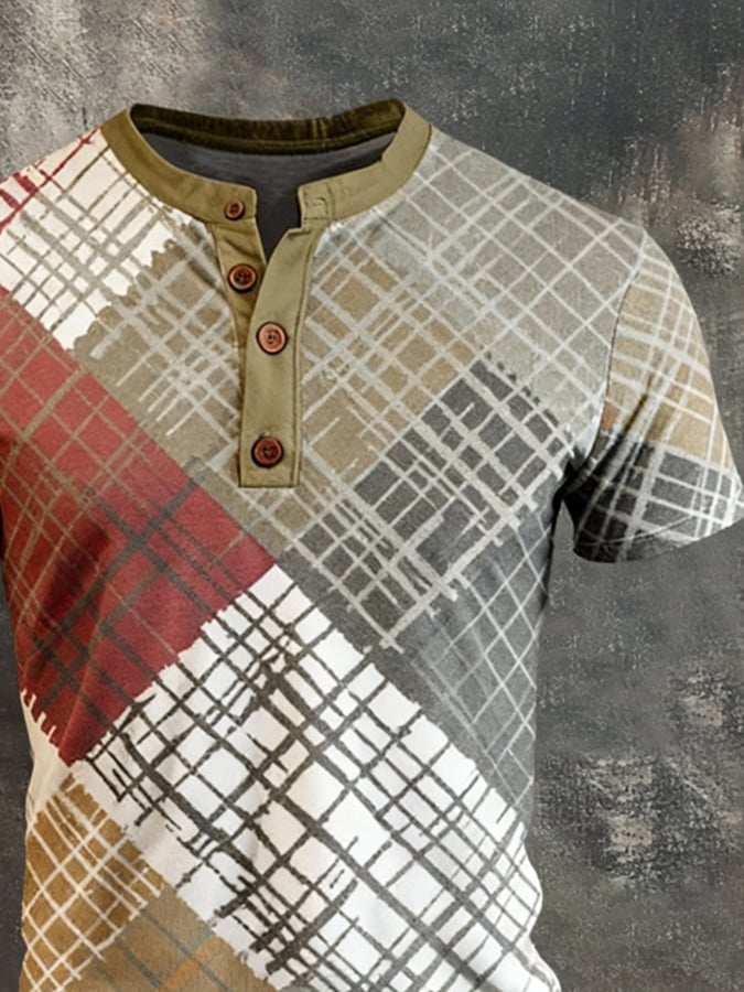 Camiseta vintage-Style Color-Block de manga corta With Henley cuello para hombre