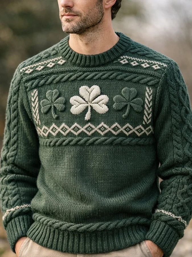 St. Patrick'S Day Shamrock Art estampado tejido Sweater para hombre