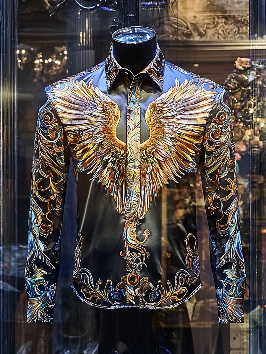 Camisa satén Luxe Wings de manga larga con botones para hombre