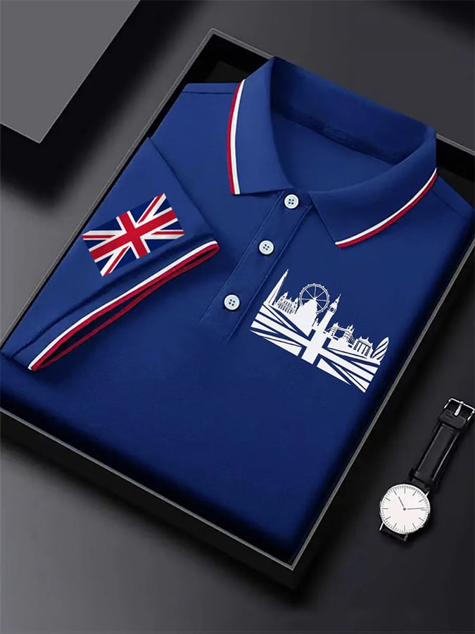 Camisa polo UK gráfico estampado de manga corta ejecutivo para hombre