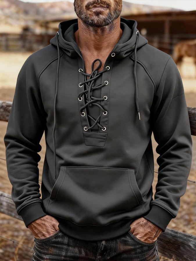 Sudadera vintage para exterior Style Lace-Up Design Warm Hooded para hombre