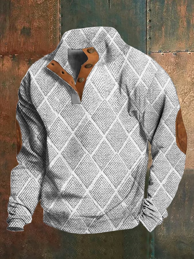 Sudadera retro estampado Stand cuello Button In Plush Fabric para hombre