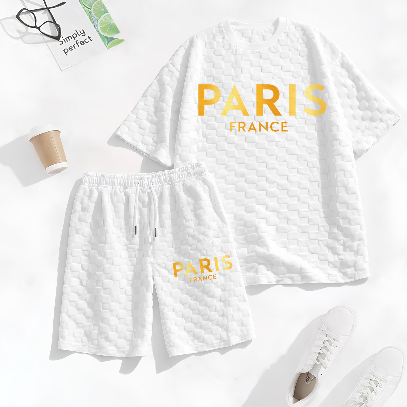 Camisa Spring/Summer Drawstring shorts Set featuring Paris Letter estampado and a cuadros Fabric—a casual summer ensemble comprising a de manga corta and shorts, ideal for both everyday wear and athletic activities. para hombre