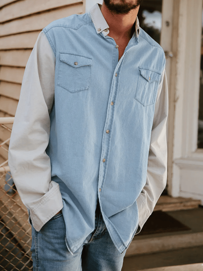 Camisa retro Western Ethnic Style de color sólido para hombre