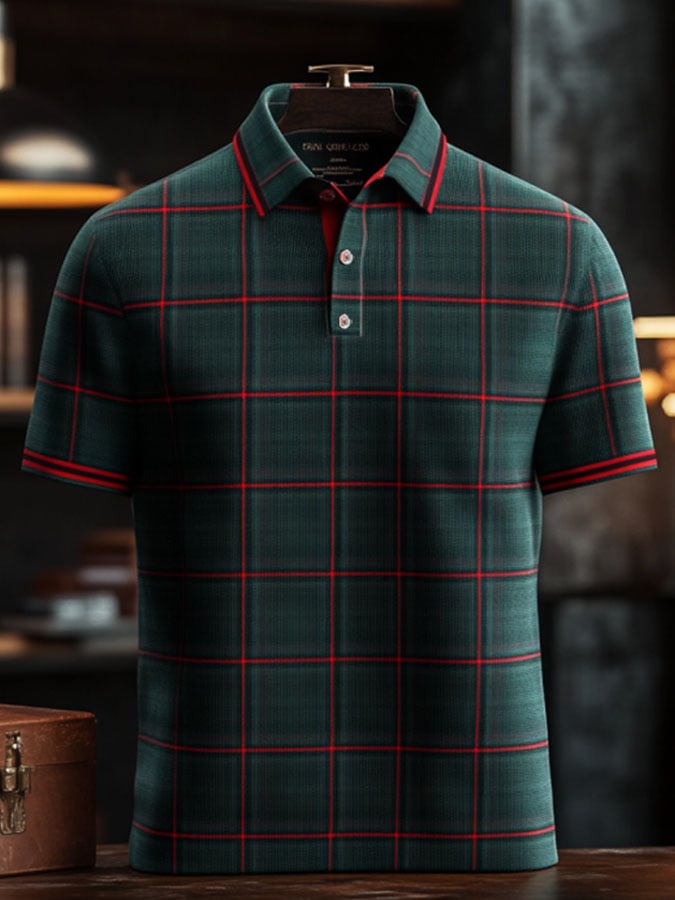 Camisa polo casual clásico a cuadros estampado ejecutivo de manga corta para hombre