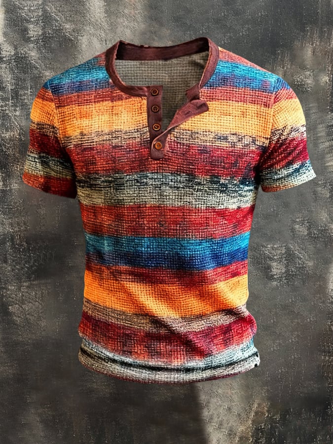Camiseta vintage-Style Color-Block de manga corta With Henley cuello para hombre