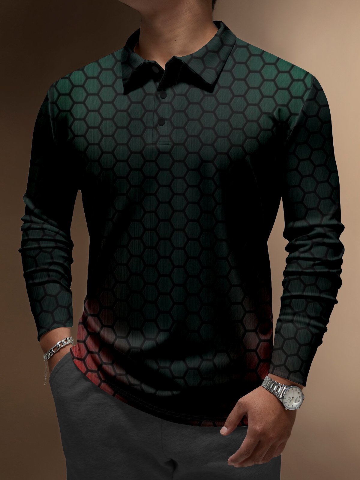 Camisa polo ejecutivo casual a rayas de manga larga para hombre