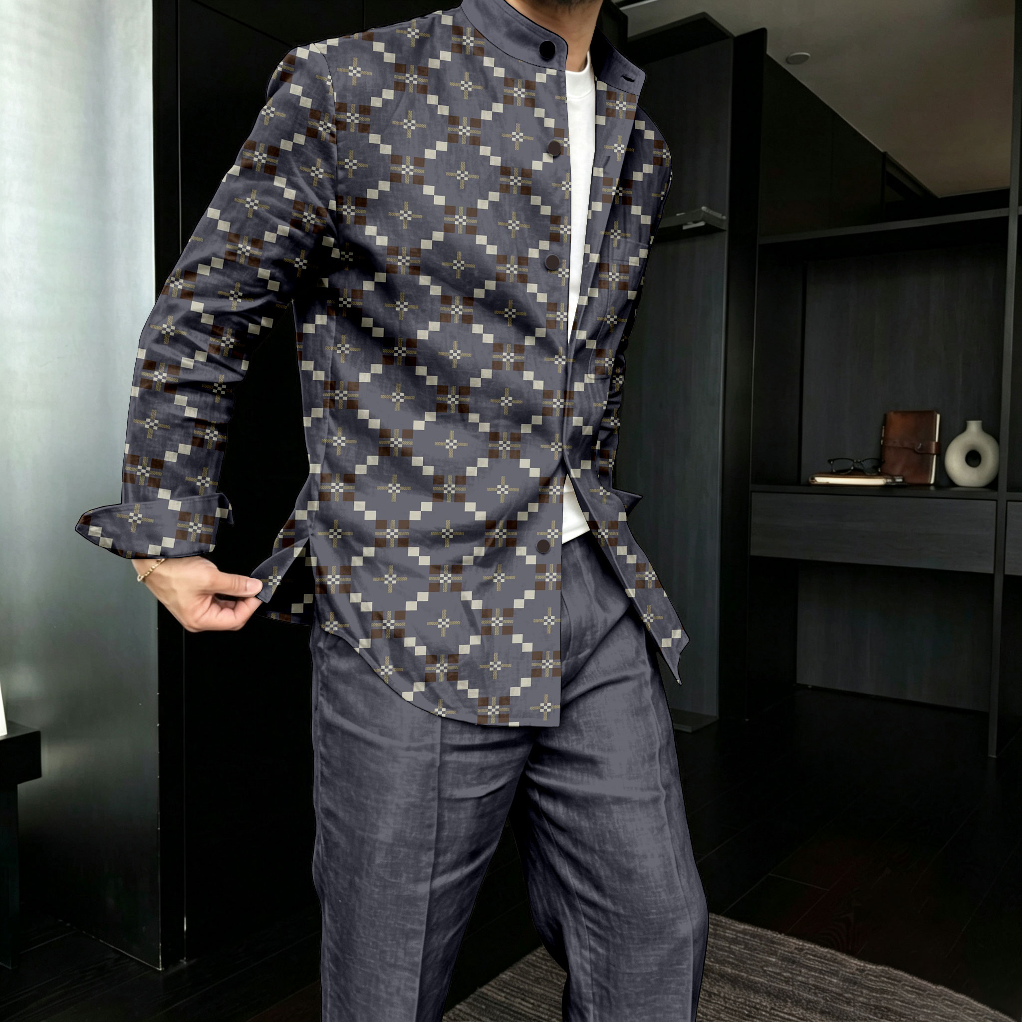 Conjunto de dos piezas casual Diagonal Diamond-Patterned estampado Stand-Collar de manga larga camisa and pantalón para hombre