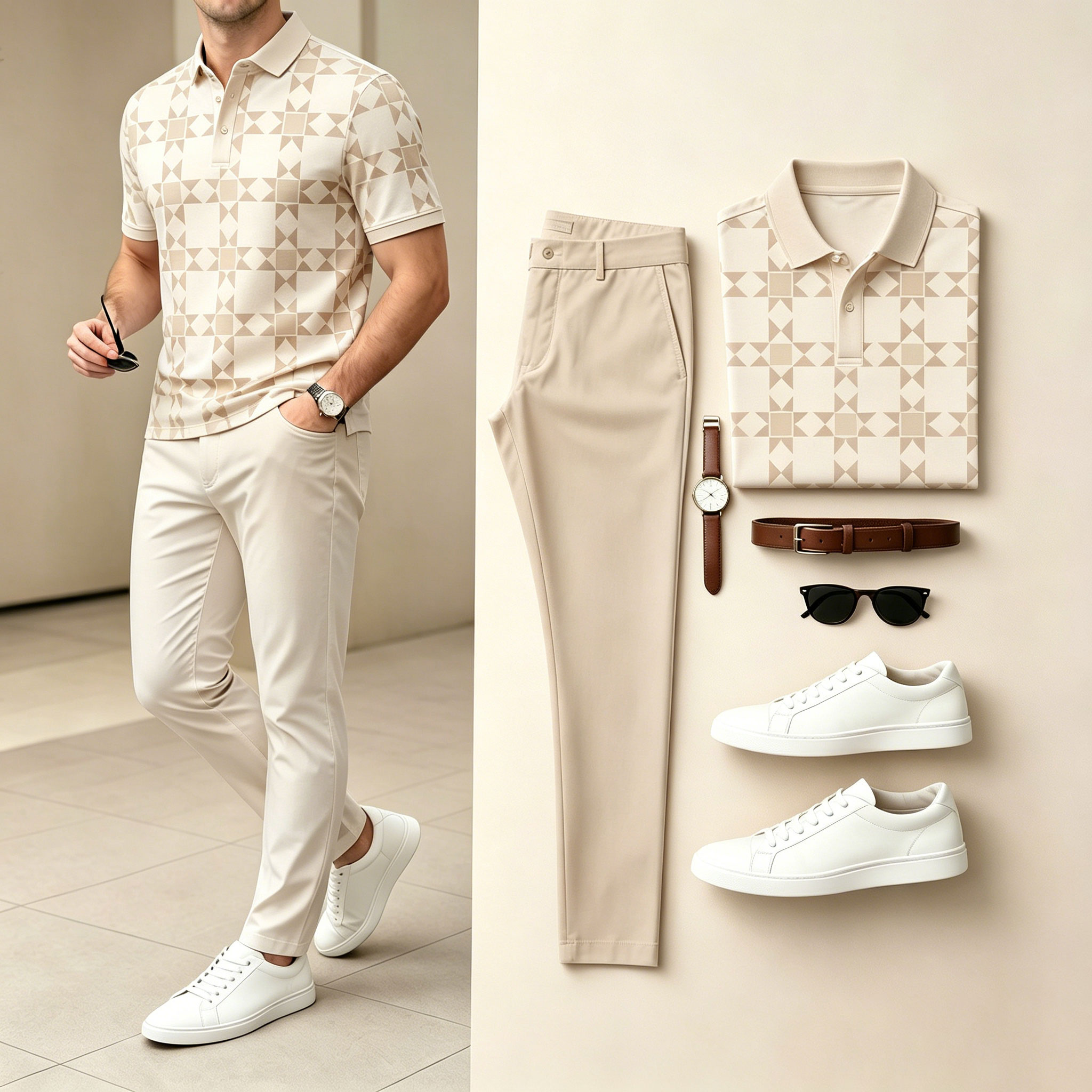 Conjunto de dos piezas Apricot & Khaki Color Matching Geometric estampado de manga cortas camisa polo & pantalón para hombre