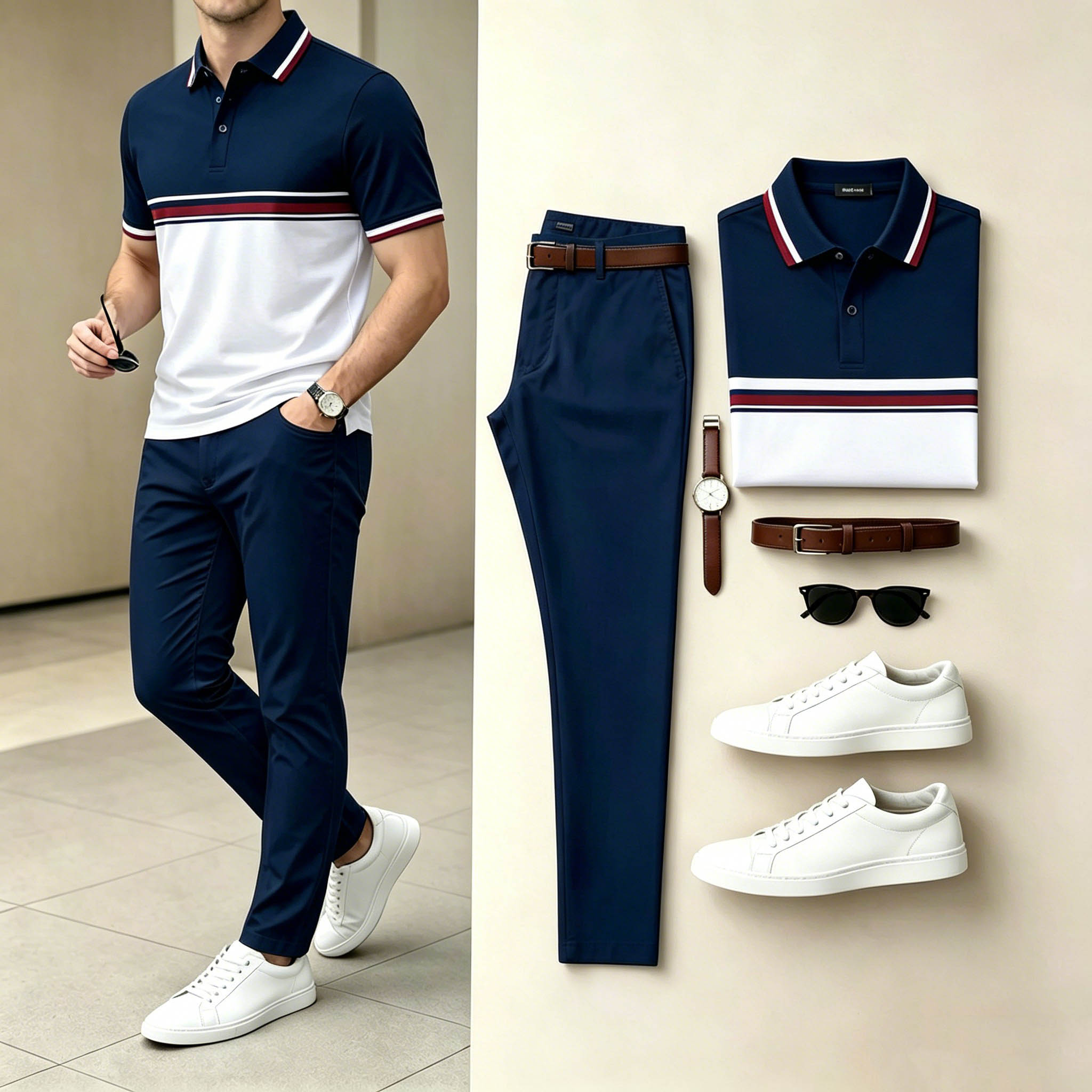 Conjunto de dos piezas casual Navy White Horizontal rayas camisa polo & Long pantalón para hombre
