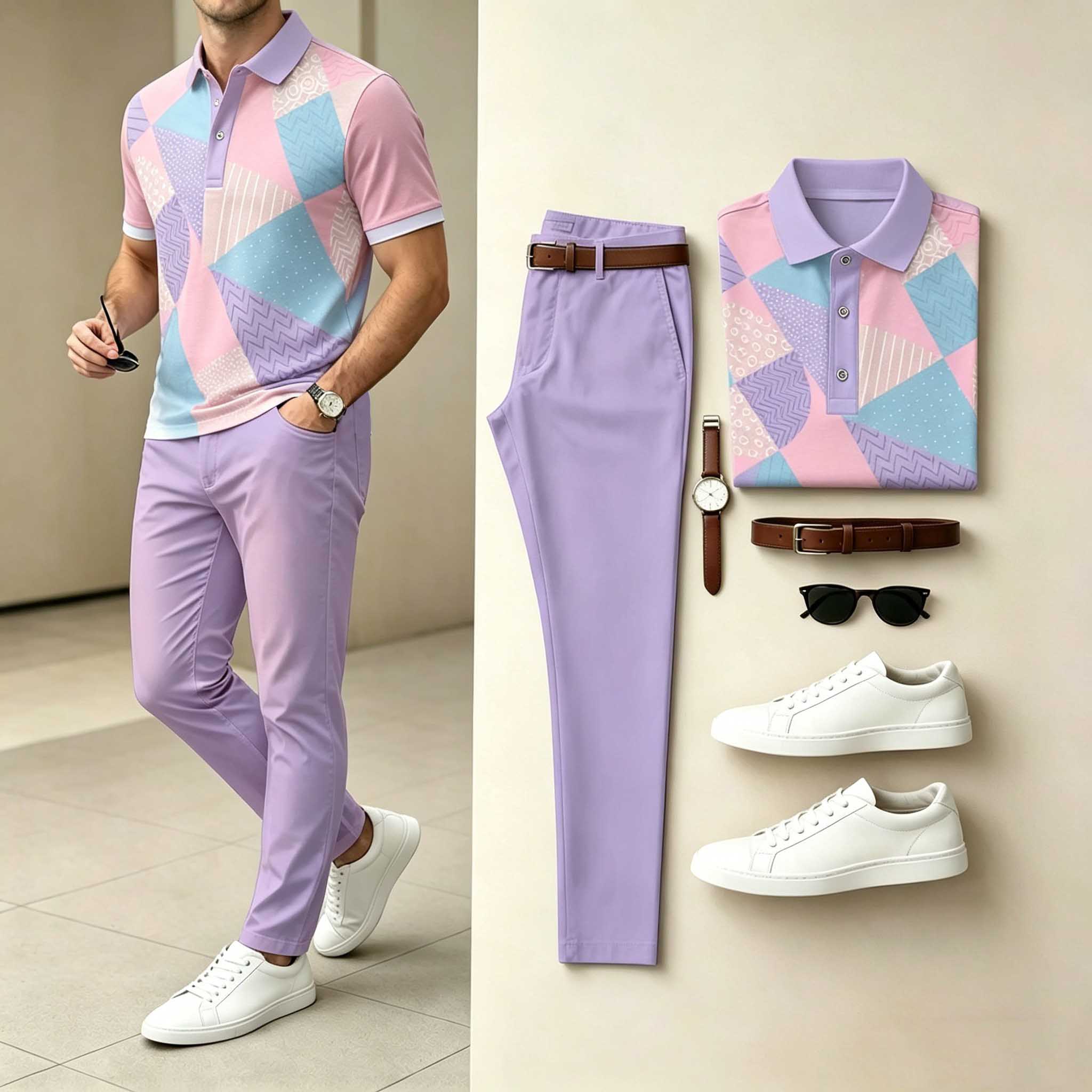 Conjunto de dos piezas casual Lavender Pink Geometric estampado camisa polo & pantalón para hombre