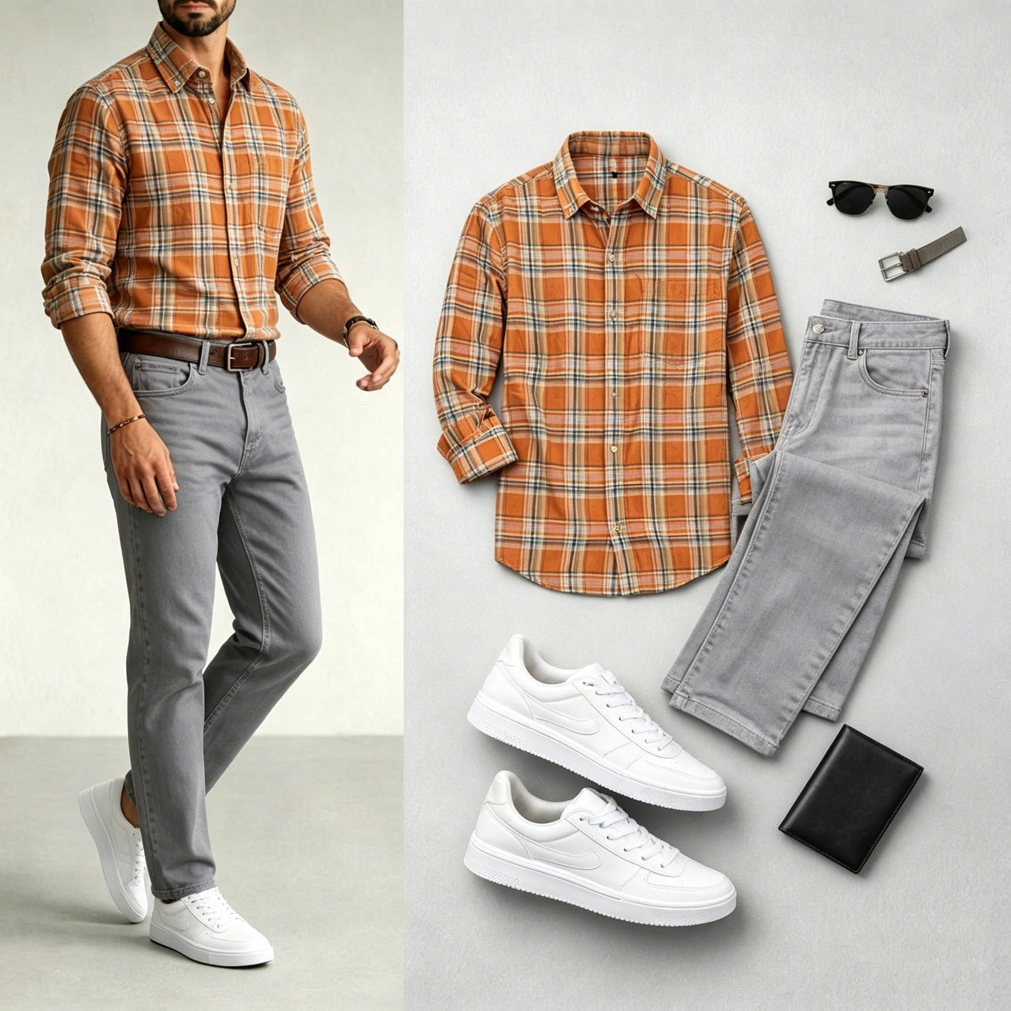 Conjunto de dos piezas Orange & Gray Color Matching retro Style a cuadros estampado Lapel Collar de manga largas camisa & Jeans para hombre