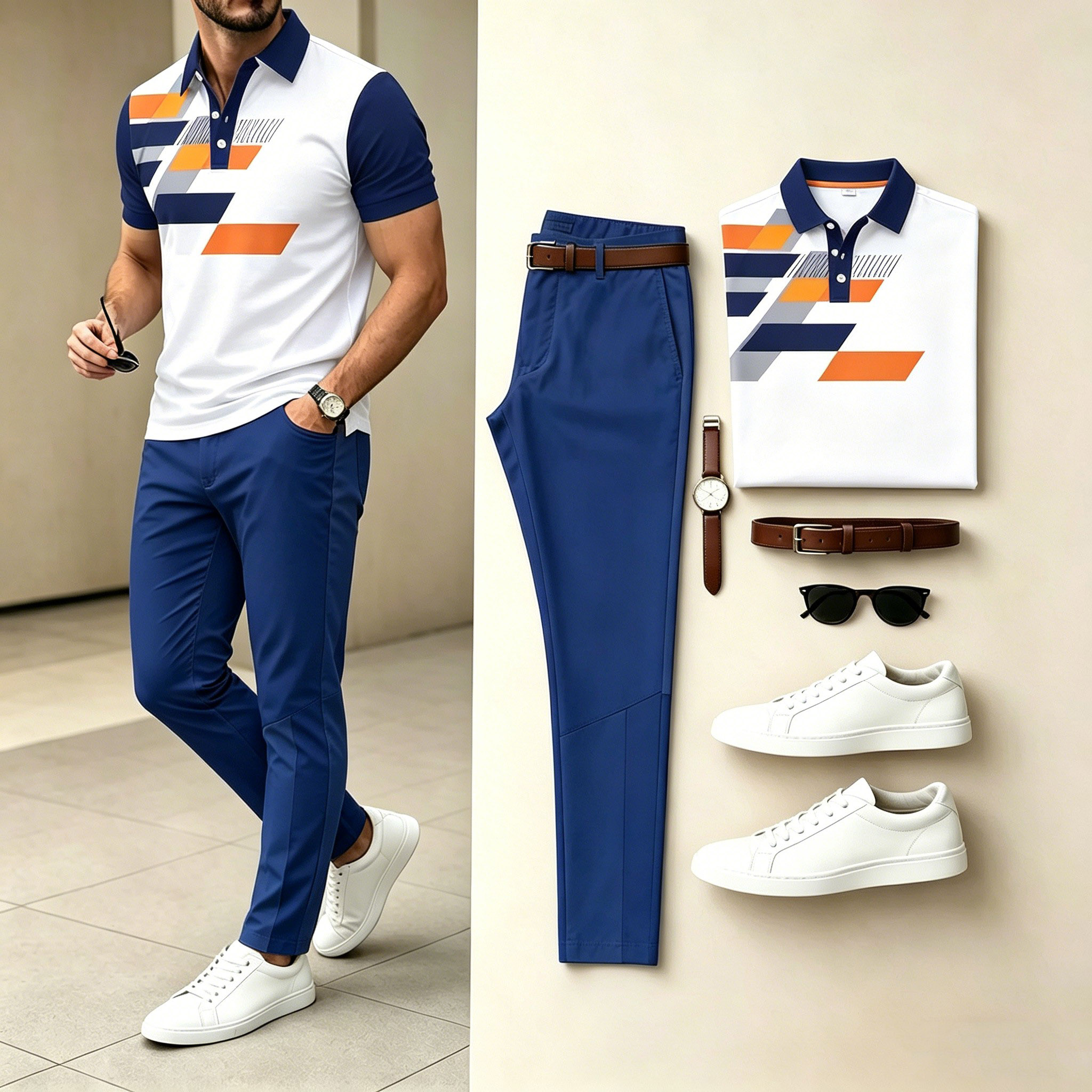 Conjunto de dos piezas casual White Navy Orange Geometric estampado camisa polo & Navy pantalón para hombre