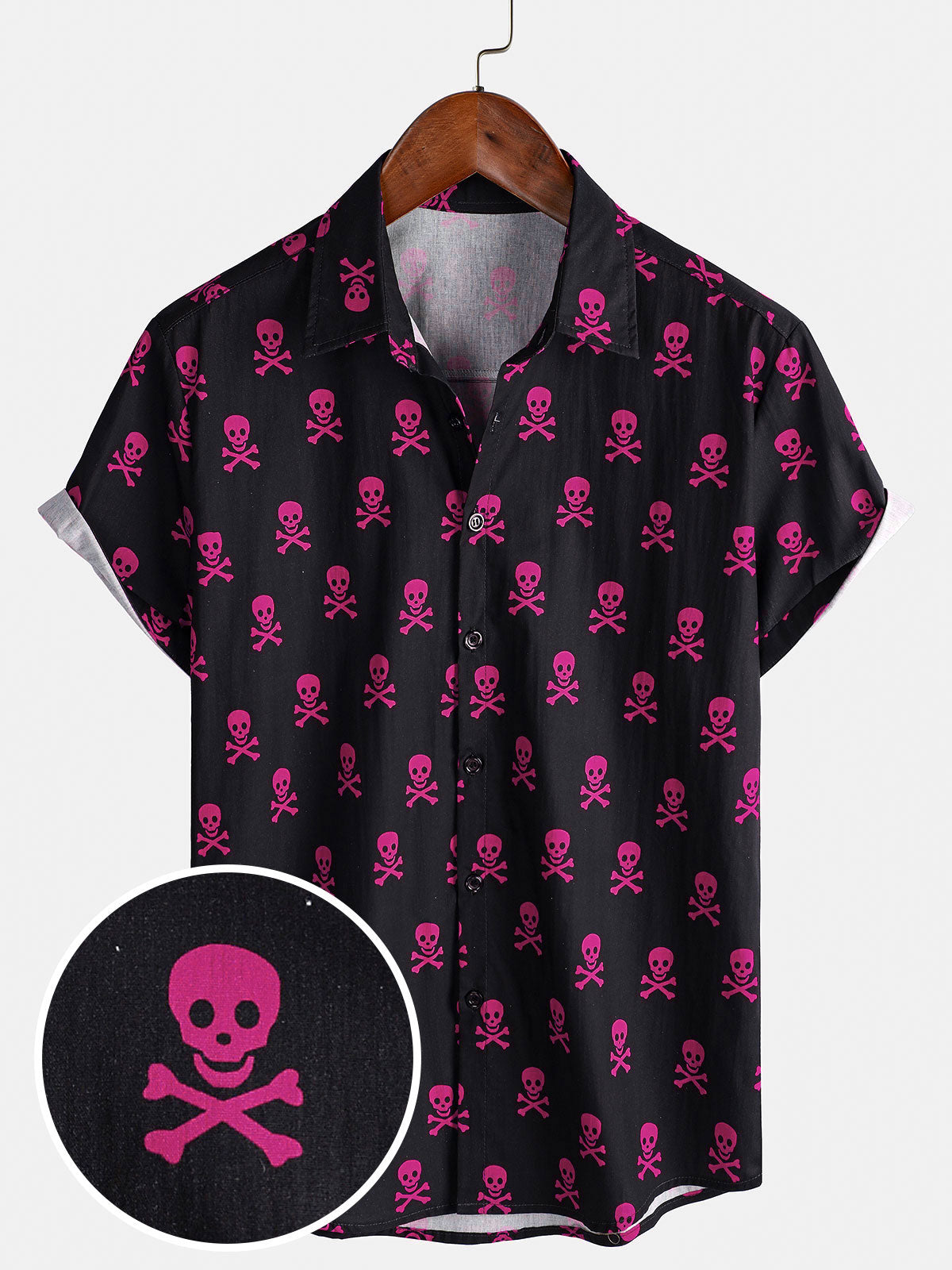 Camisa Pink Skull Punk Rock Holiday de algodón transpirable Cool Summer de manga corta para hombre