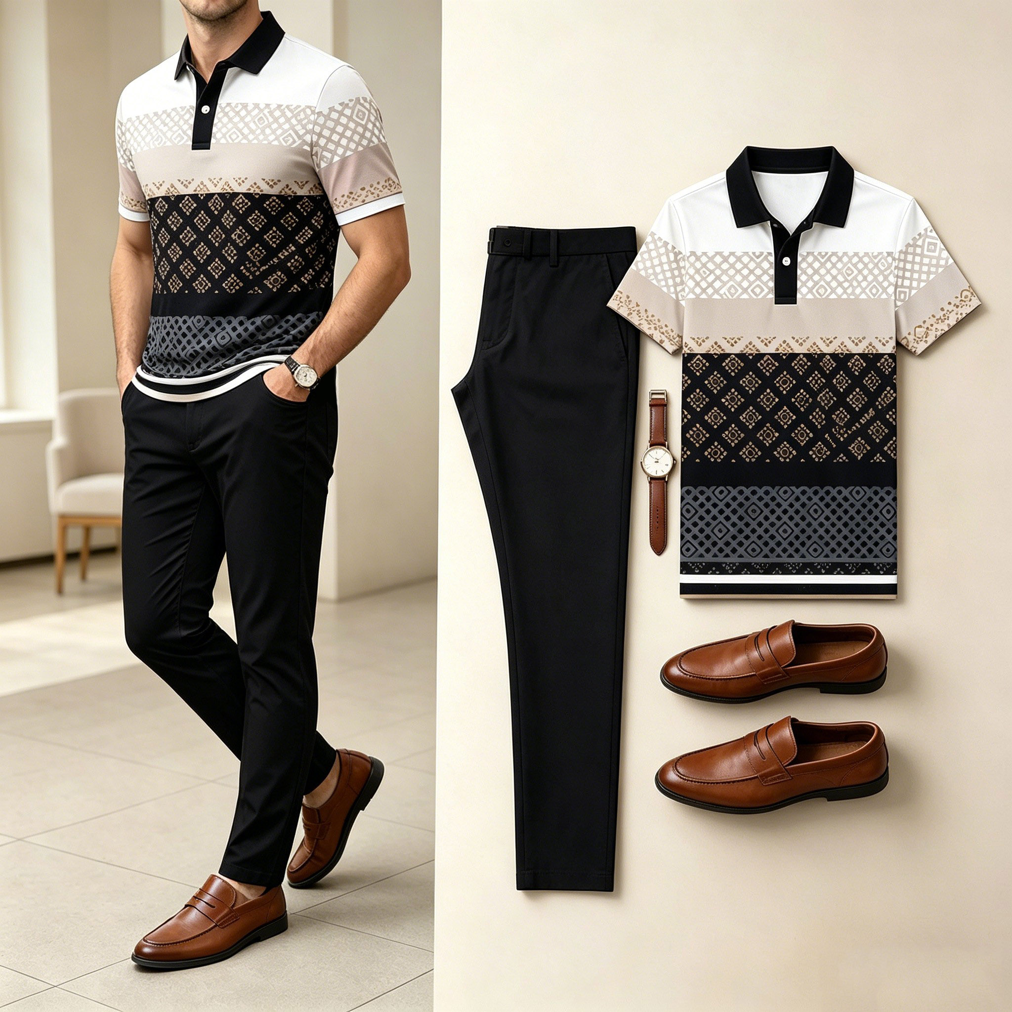 Camisa polo Office Layered Diamond a cuadros en bloques de color And Wrinkle Free pantalón Two-Piece Suit para hombre