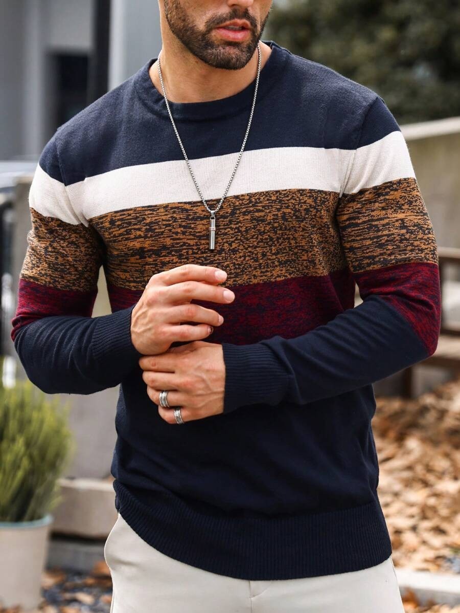 Casual rayas Round Neck tejido Sweater para hombre