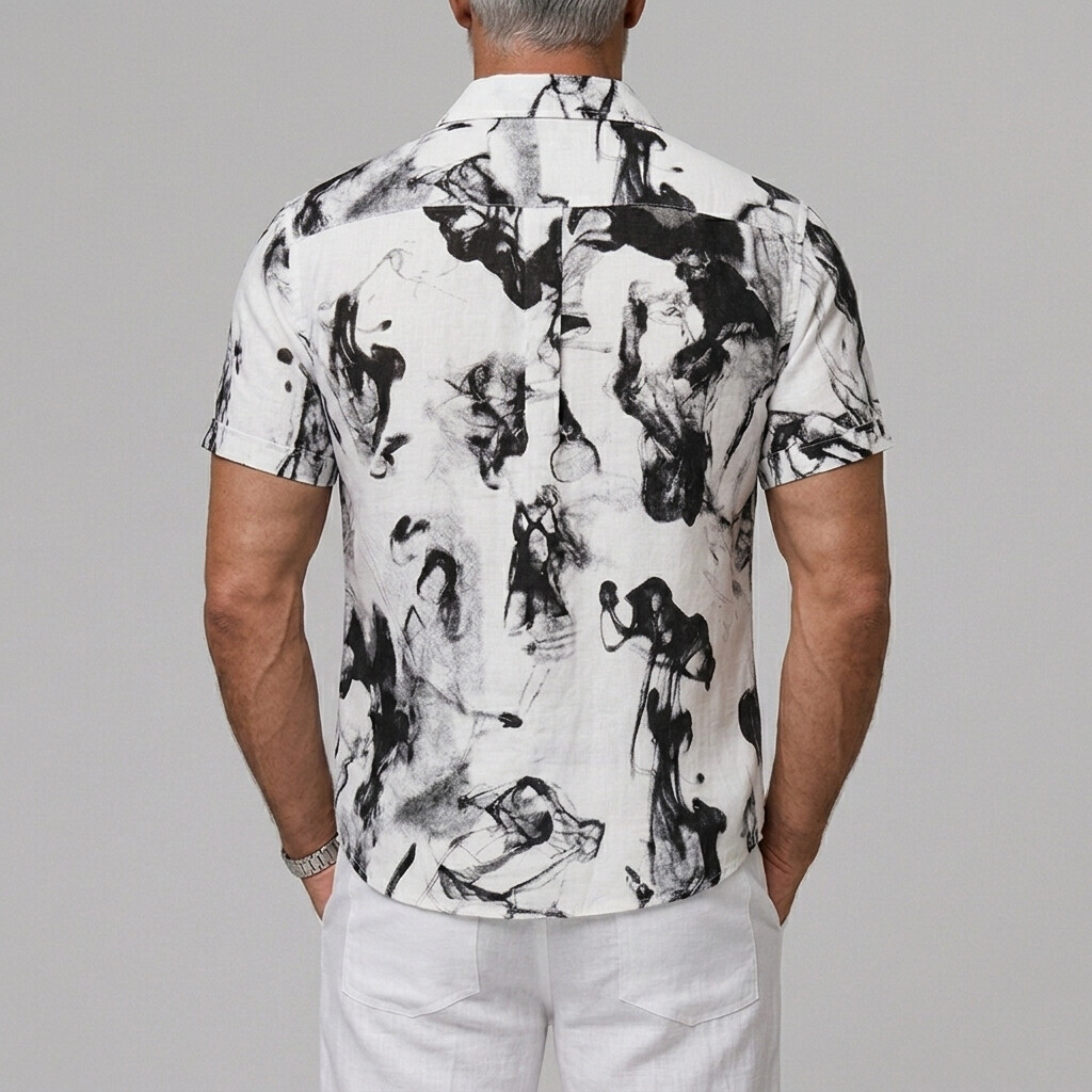 Camisa Ink-wash estampado Button Vacation Cuffed Edge de manga corta para hombre