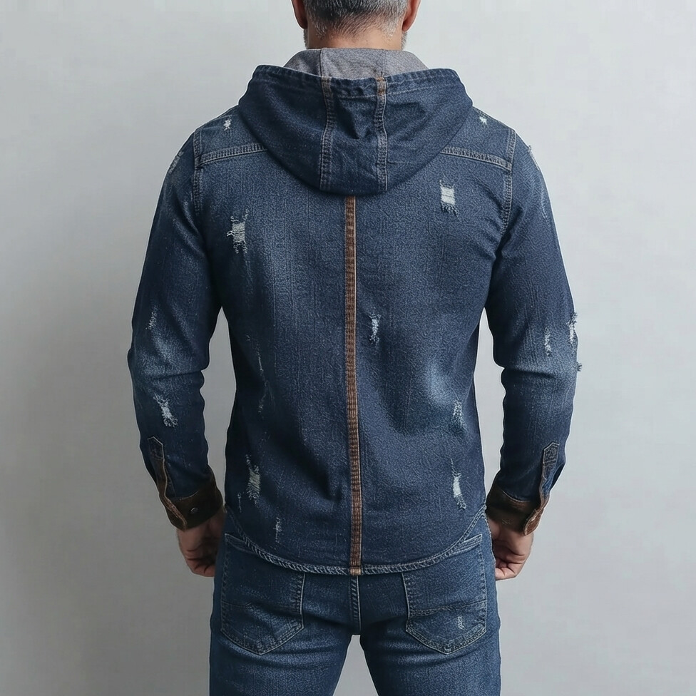 para hombre vintage Denim Contrast Trim Single Breasted Chest Pocket Hooded camisa