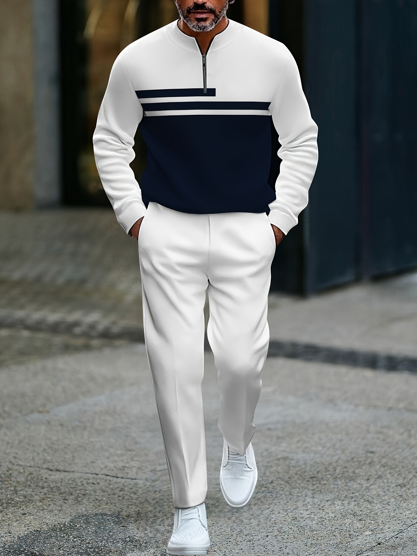 Conjunto de dos piezas casual Navy Blue & White Color Matching geométrico estampado Round-Neck cierre de manga larga Tops & Trousers para hombre