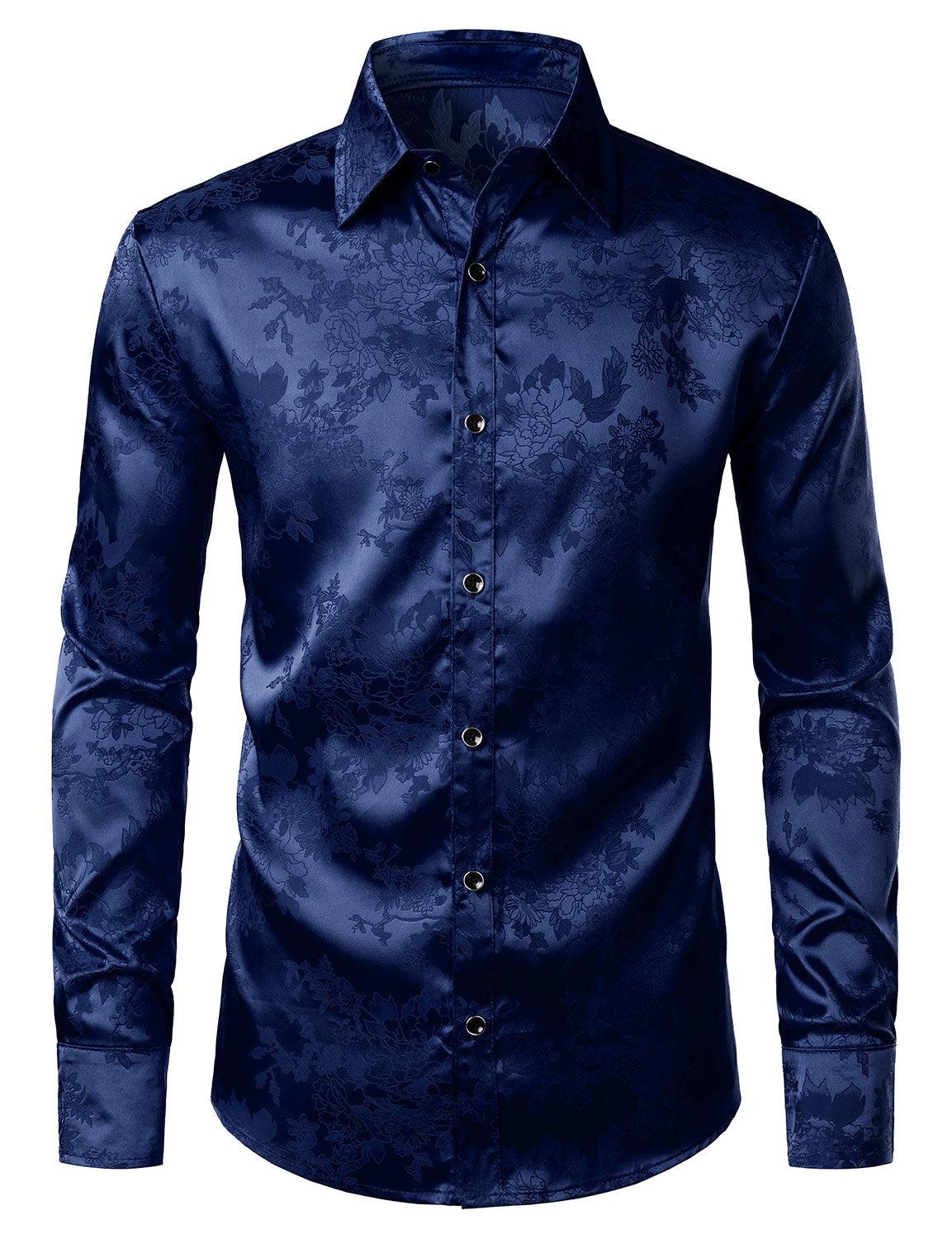 Camisa de vestir casual Shiny Satin floral Jacquard Blue de manga larga Button Up para hombre