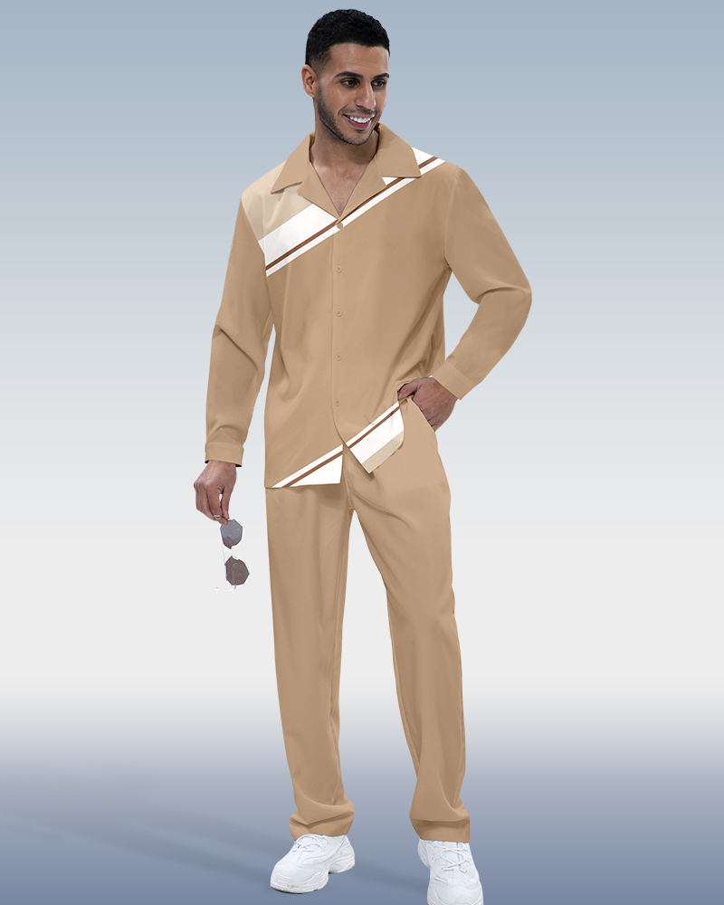 Camisa en bloques de color estampado de manga larga Walking Suit 393 para hombre