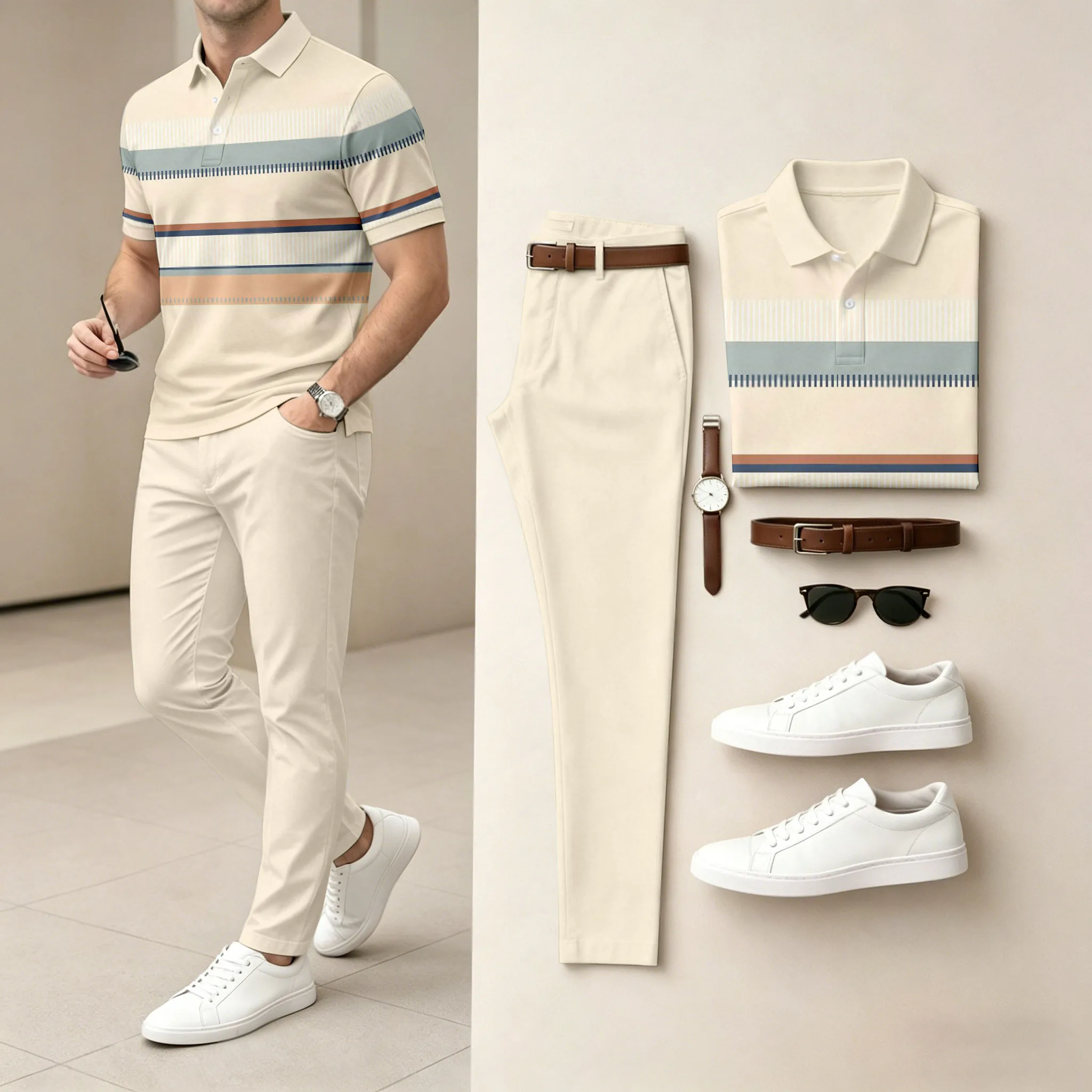 Conjunto de dos piezas casual Off-White Geometric estampado camisa polo And pantalón para hombre
