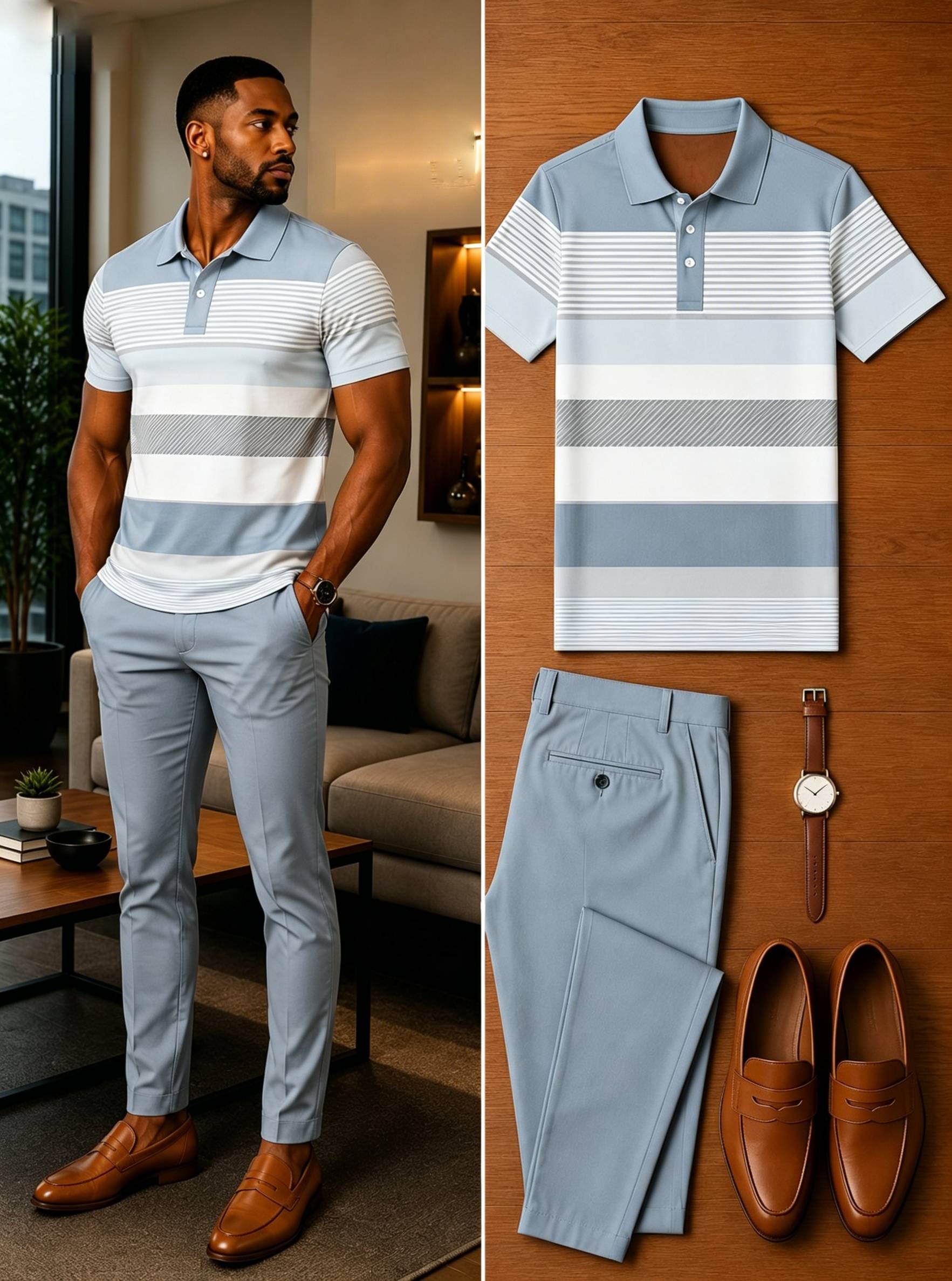 Conjunto de dos piezas casual de manga corta camisa polo And pantalón para hombre