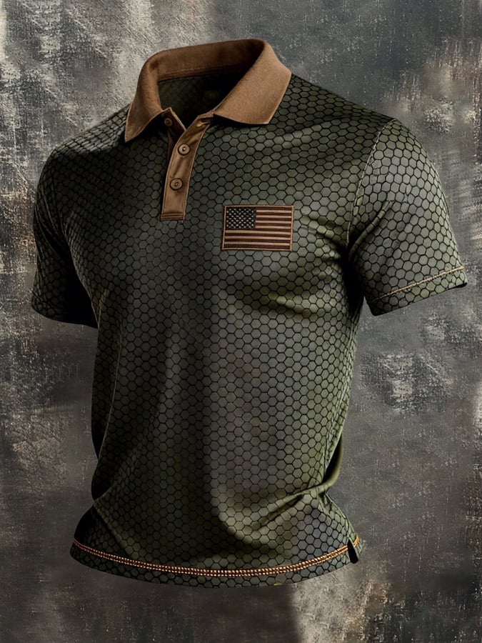 Retro Patriot en bloques de color Polo Collar de manga corta para hombre