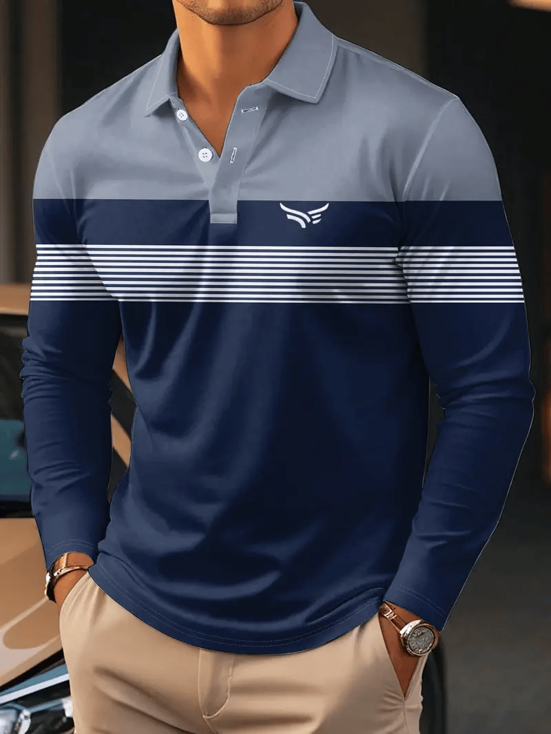 Camisa polo retro ejecutivo rayas estampado de manga larga para hombre