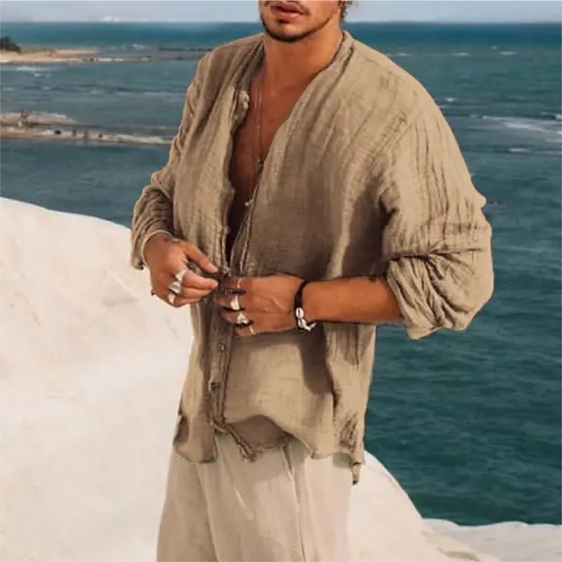 Camisa de lino Band cuello camisa Summer camisa Beach Wear Button Up camisa Plain Vacation casual Black Green Khaki Gray de manga larga Stand cuello Summer Spring Clothing Apparel para hombre - vista 4