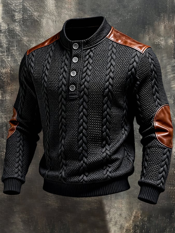 Sudadera vintage-Style texturizado Patchpara trabajo Color-Block de manga larga para hombre