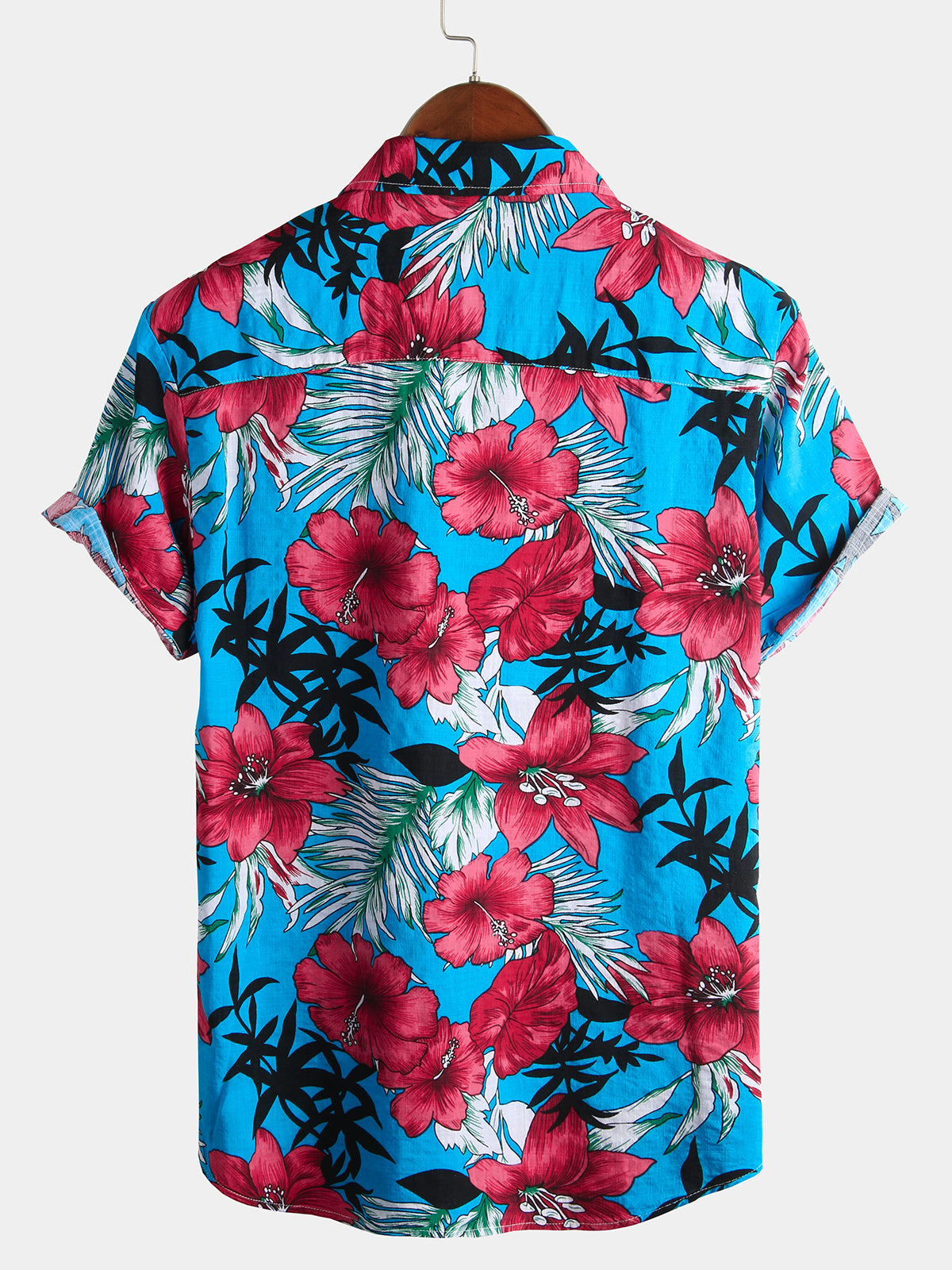 Camisa Blue Flower Tropical Hawaii de algodón de manga corta para hombre