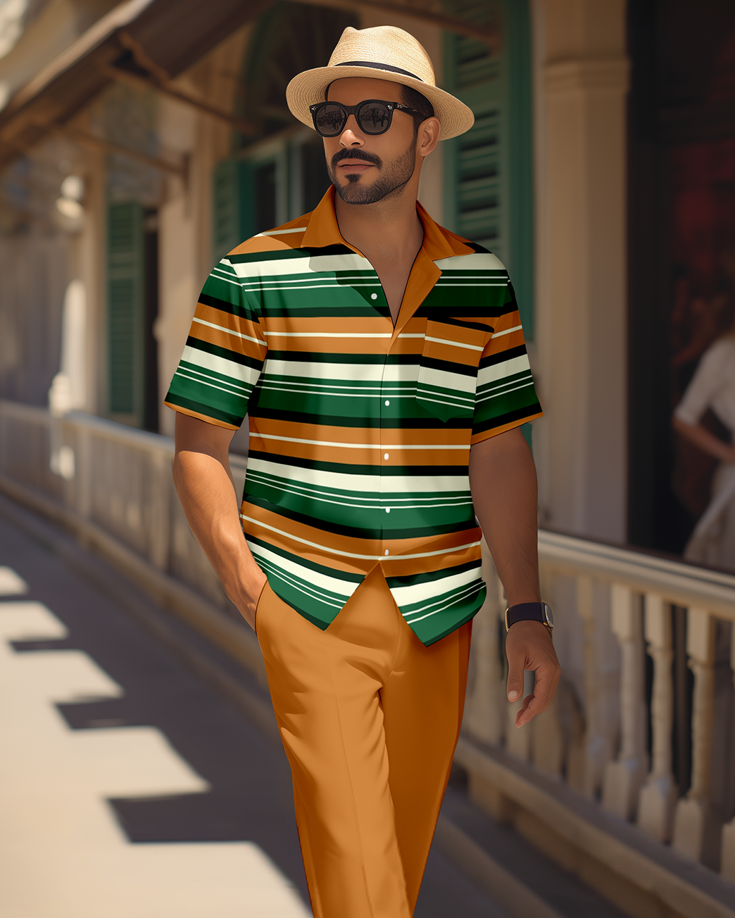 Camisa retro colorblock de manga corta walking Suit 1686 para hombre