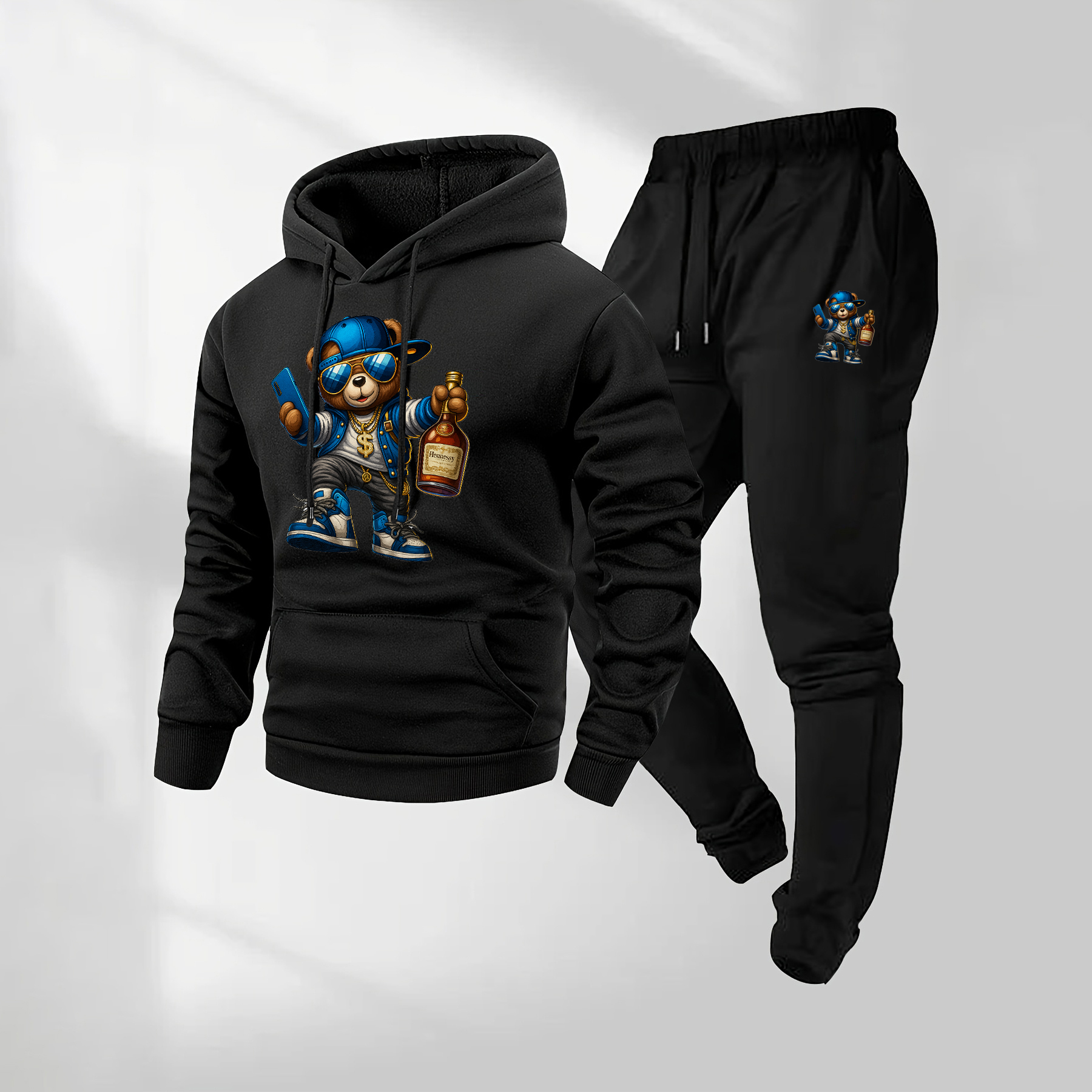 Sudadera con capucha Cartoon Bear Patterned And Drawstring Track pantalón Set, casual Athletic de manga larga Hooded chaqueta And pantalón, Suitable For Fall And Winter, Street Style sudadera con capucha Set, Everyday Wear, Indoor And para exterior Sportswear, para hombre