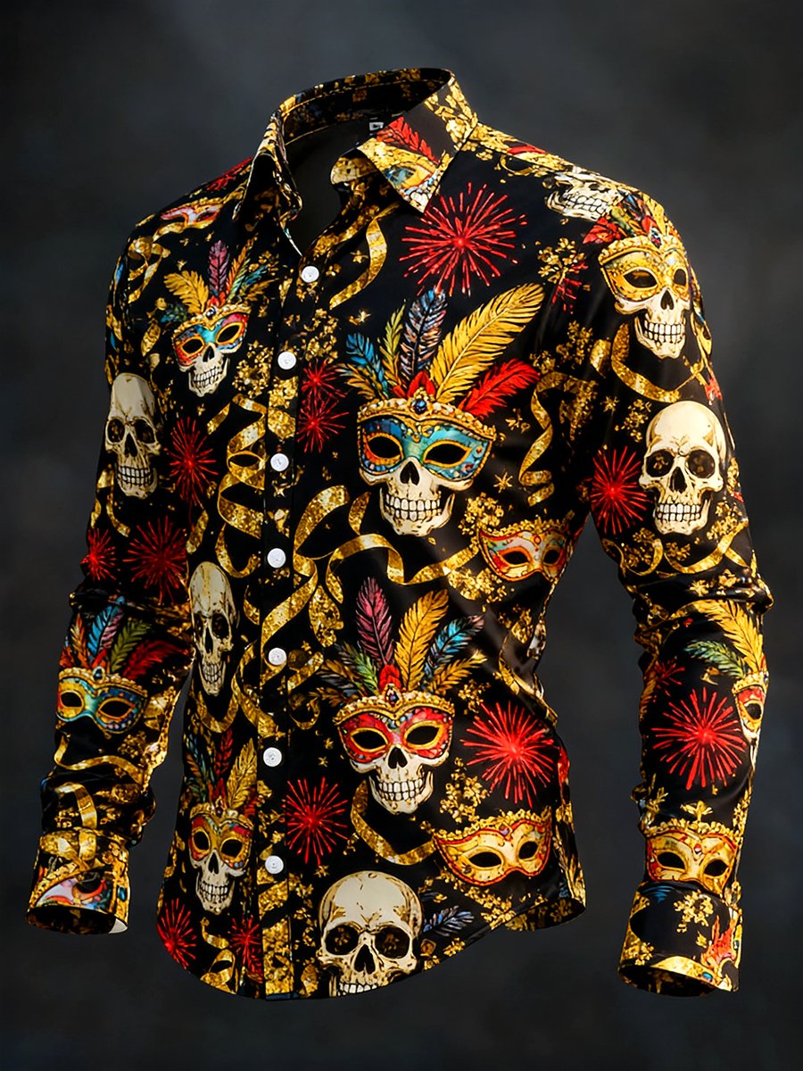 Camisa retro Carnival Skull de manga larga para hombre
