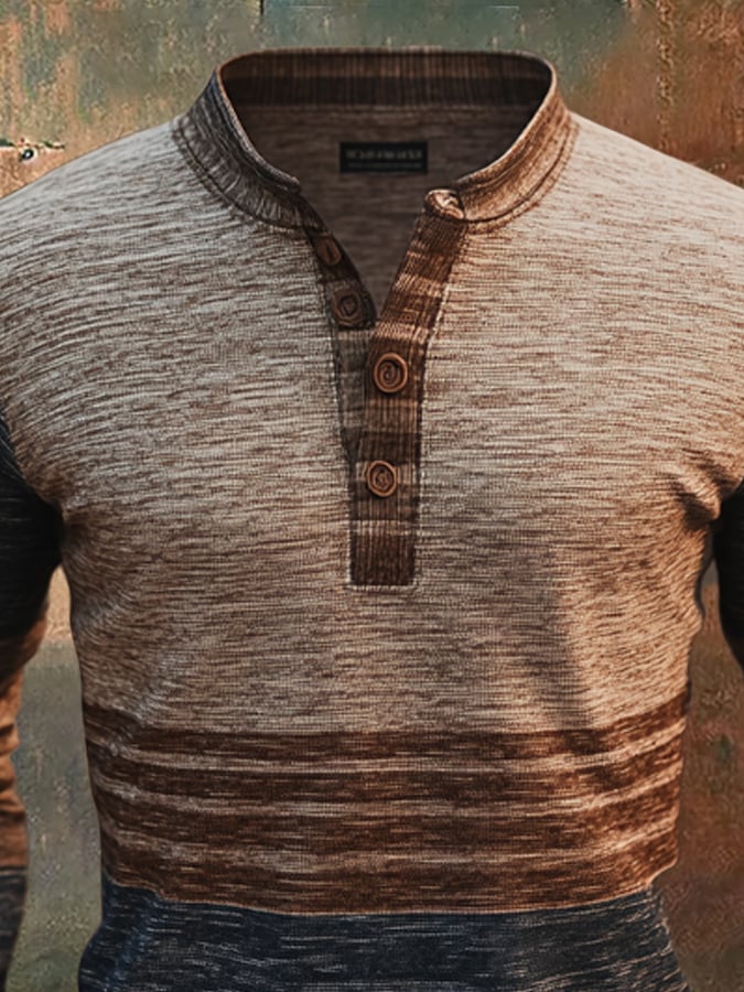 Retro en bloques de color de manga larga Henley para hombre