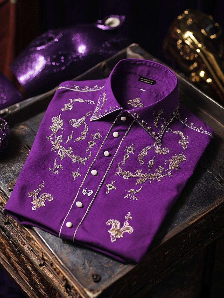 Camisa Purple Mardi Gras Theme de lujo de manga larga para hombre