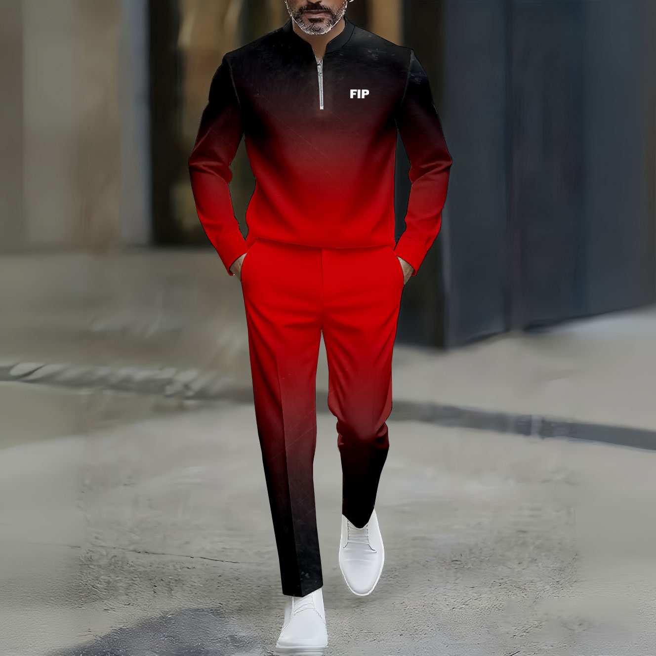 Conjunto de dos piezas casual Black & Red Gradient Color Matching estampado Round-Neck Zipper de manga larga Trousers para hombre