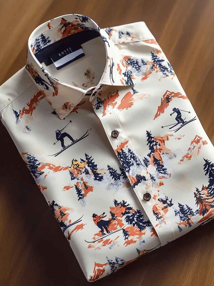 Camisa de lujo Romantic Contrast Color estampado de manga larga para hombre