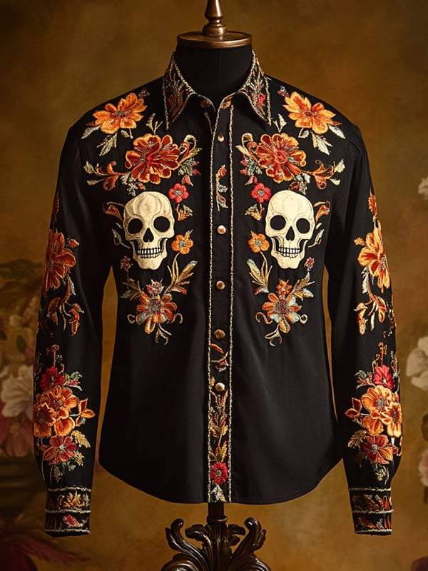 Camisa retro casual Skull estampado de manga larga para hombre