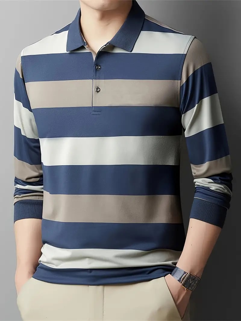 Camisa polo ejecutivo casual a rayas de manga larga para hombre