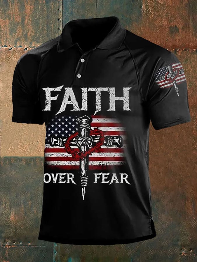 Camisa polo tejidoted vintage American flag faith over fear cross para hombre