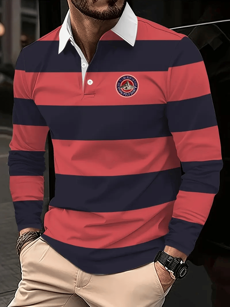 Camisa polo retro ejecutivo rayas estampado de manga larga para hombre