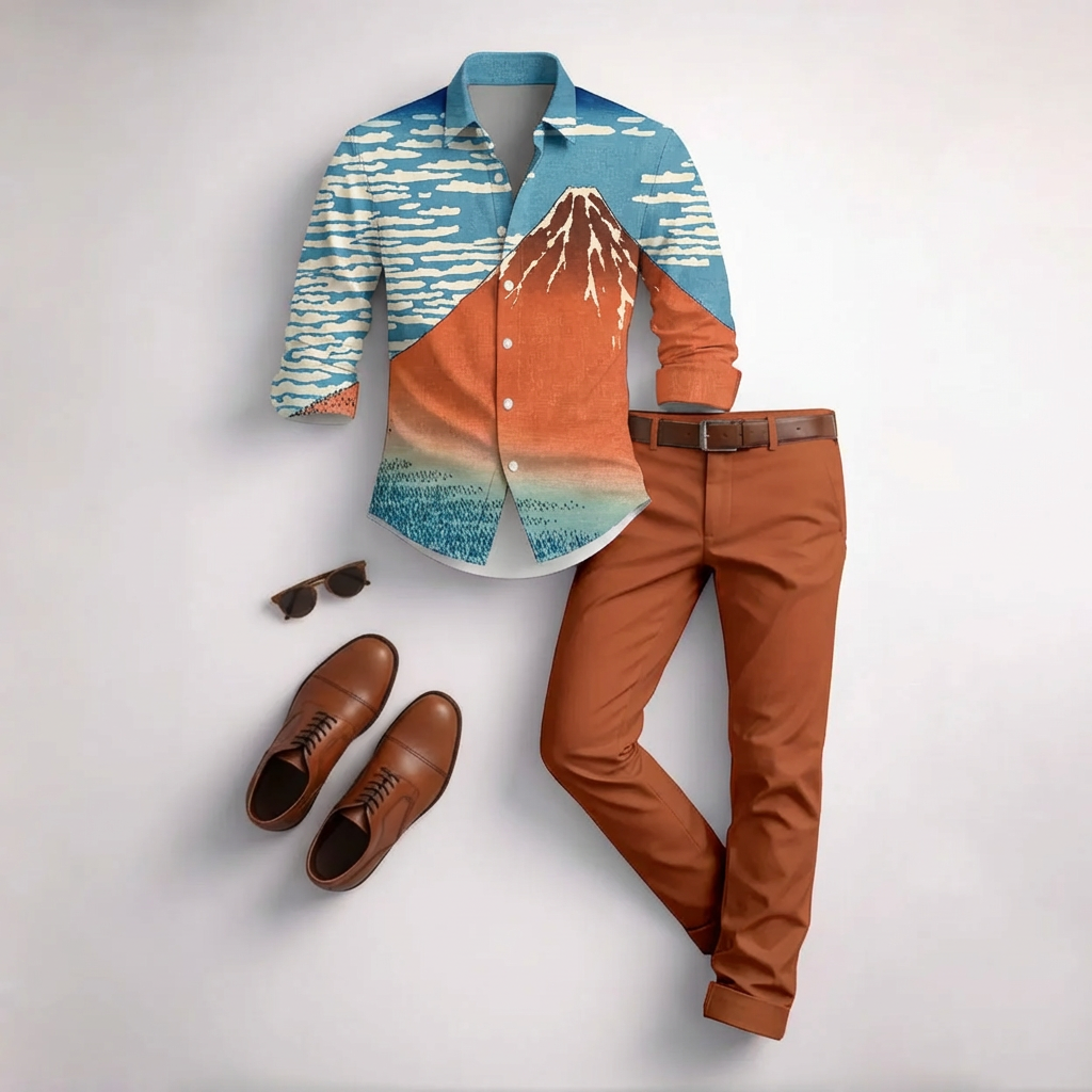 Conjunto de dos piezas casual Blue & Red estampado de manga larga camisa And Trousers para hombre