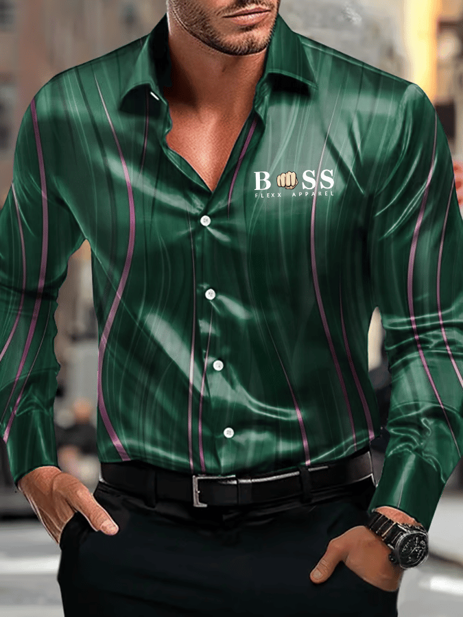 Camisa vintage ejecutivo casual estampado satén de manga larga para hombre